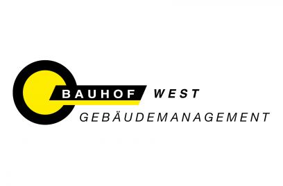 Logo von Bauhof West Service mit einem stilisierten schwarz-gelben Kreis und den Schriftzügen "BAUHOF WEST" und "SERVICE".
